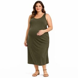 Isabel Maternity Olive Green Ruched Tank Midi Dress XL Sleeveless Scoop Neck